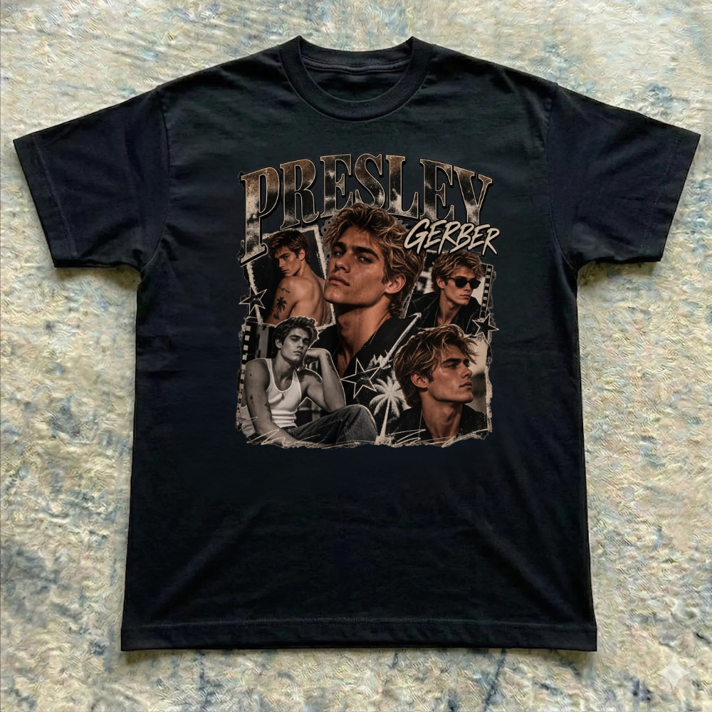 Presley Gerber Model Collage Photo Star Palm Trees Vintage Black T-Shirt